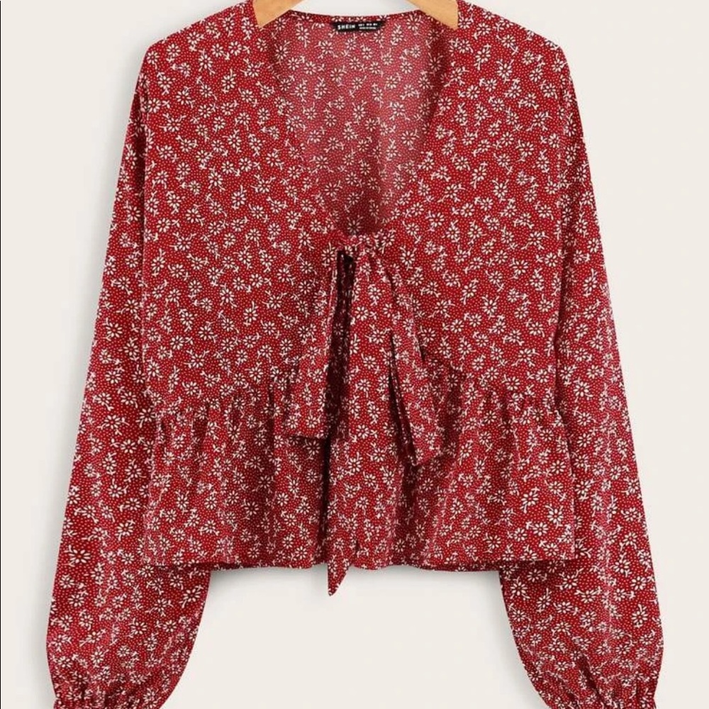 Plus Size Ditsy Floral Tie Front Blouse
